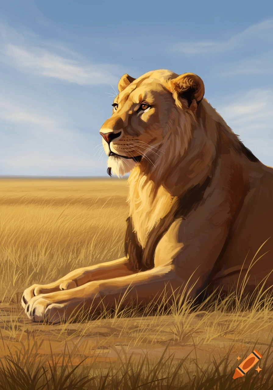 An artistic rendering of a lioness lying in golden savanna grass under a blue sky, looking to the left.