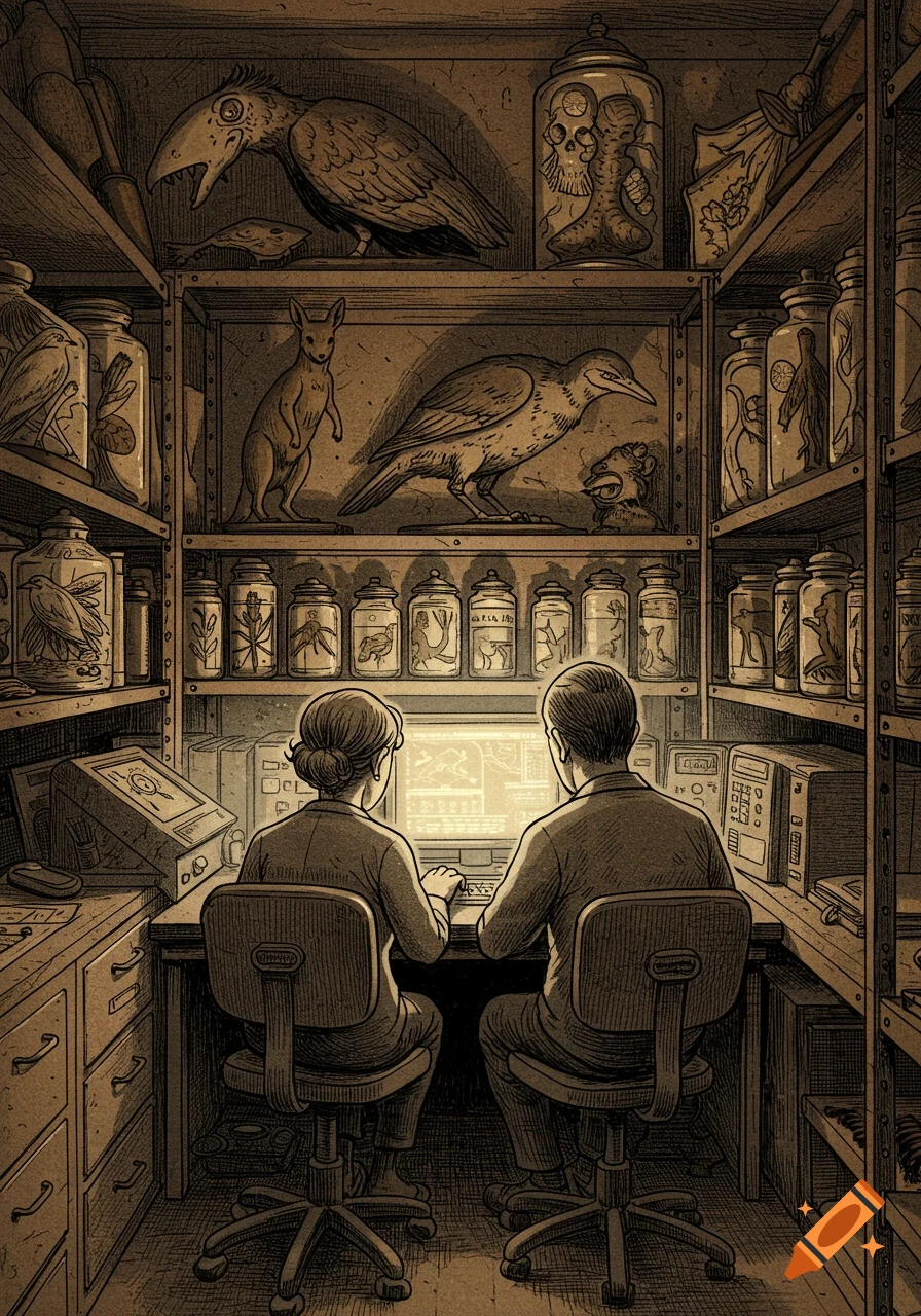 Two people research on a computer in a cluttered natural history museum office, shelves filled with specimens and jars, in a comic-strip style.