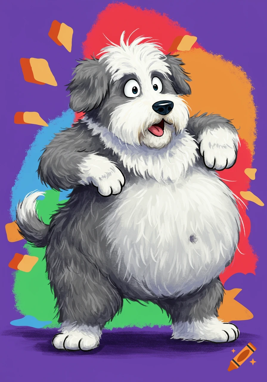 Cartoon Old English Sheepdog on hind legs with a large belly, against a vibrant purple background with splashes of color.