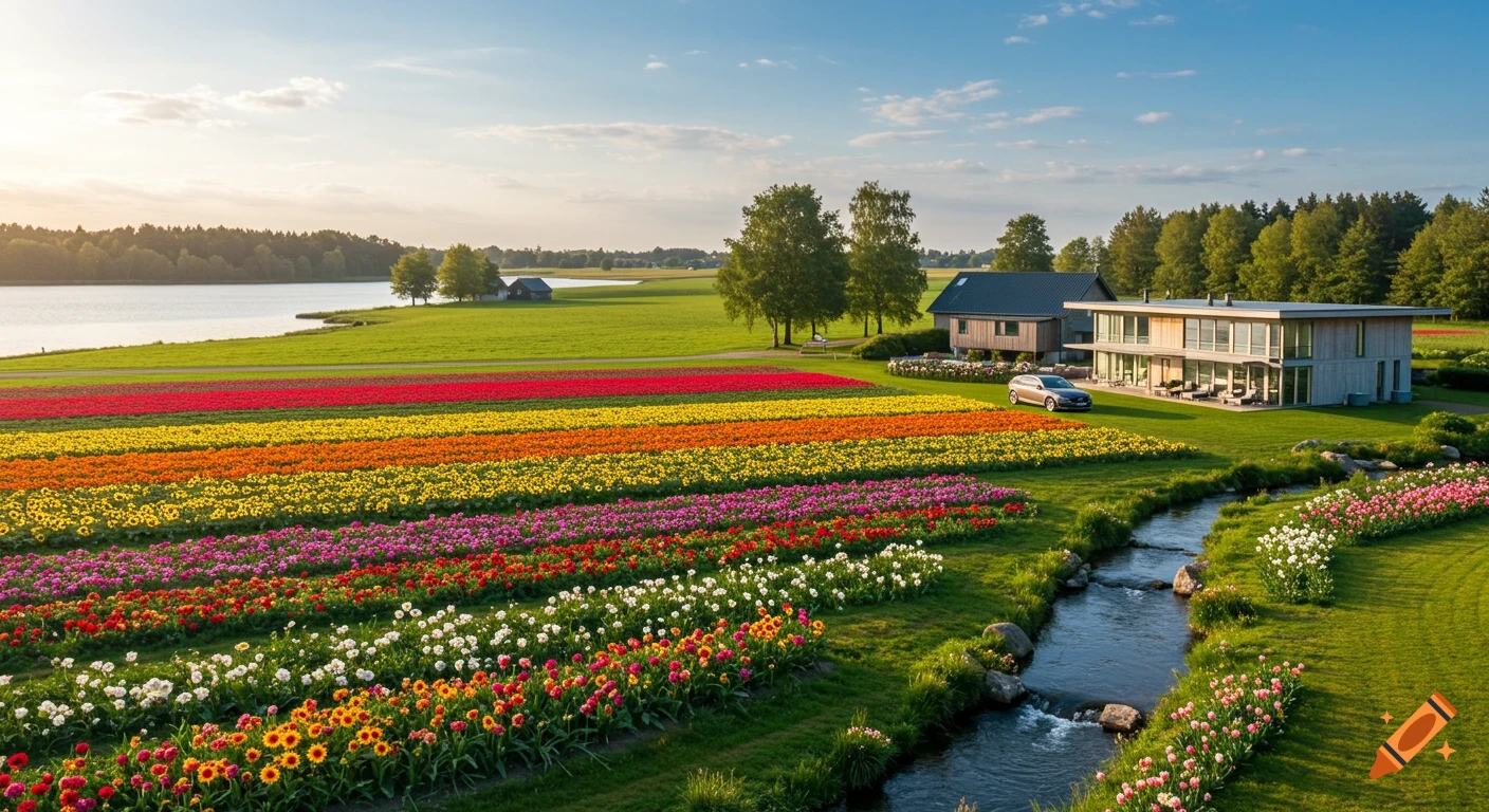 Vibrant rows of colorful flowers on a farm beside a lake and a modern house, with a stream winding through the landscape.