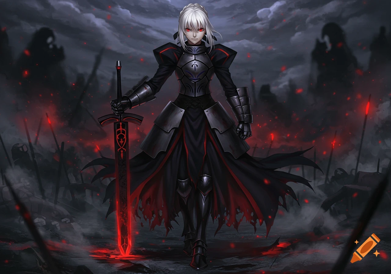 White-haired anime warrior in black armor holds a glowing red sword, standing on a misty, dark battlefield with fallen foes.