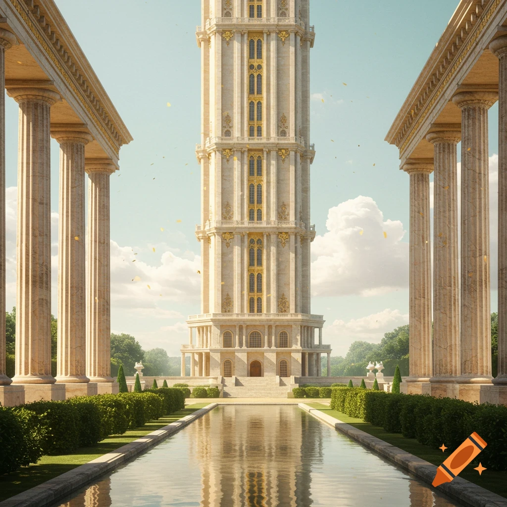 A grand, ornate tower rises behind a reflecting pool, flanked by classical colonnades and manicured gardens.