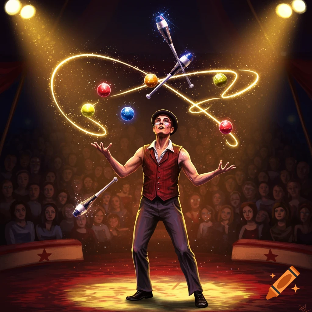 A juggler in a circus tent performs on stage under a golden spotlight, juggling glowing clubs and balls before a blurred audience.
