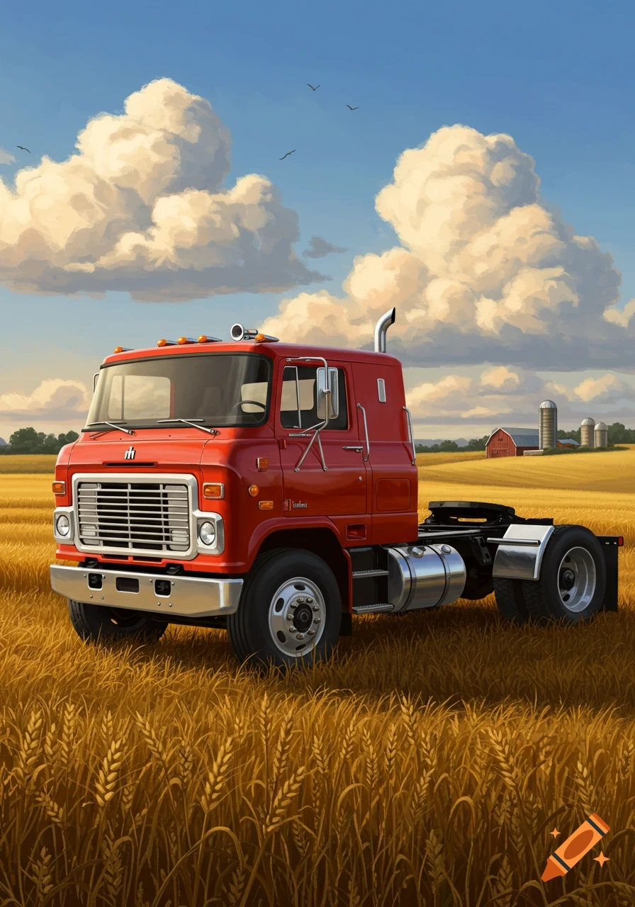 A red International Harvester Loadstar semi-truck sits in a golden wheat field under a blue sky with fluffy clouds.