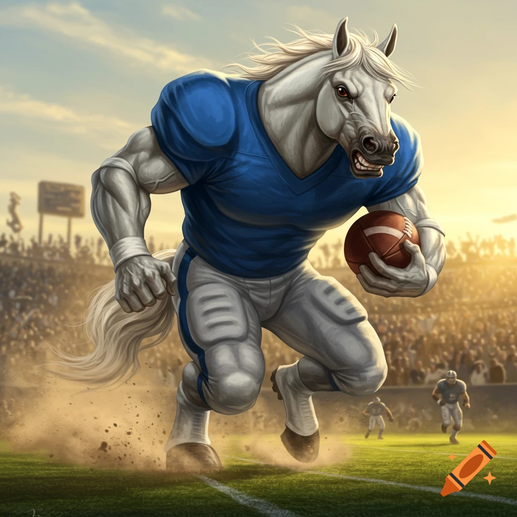 A muscular white horse in a blue football uniform runs with a football across a stadium field at sunset, looking mean.
