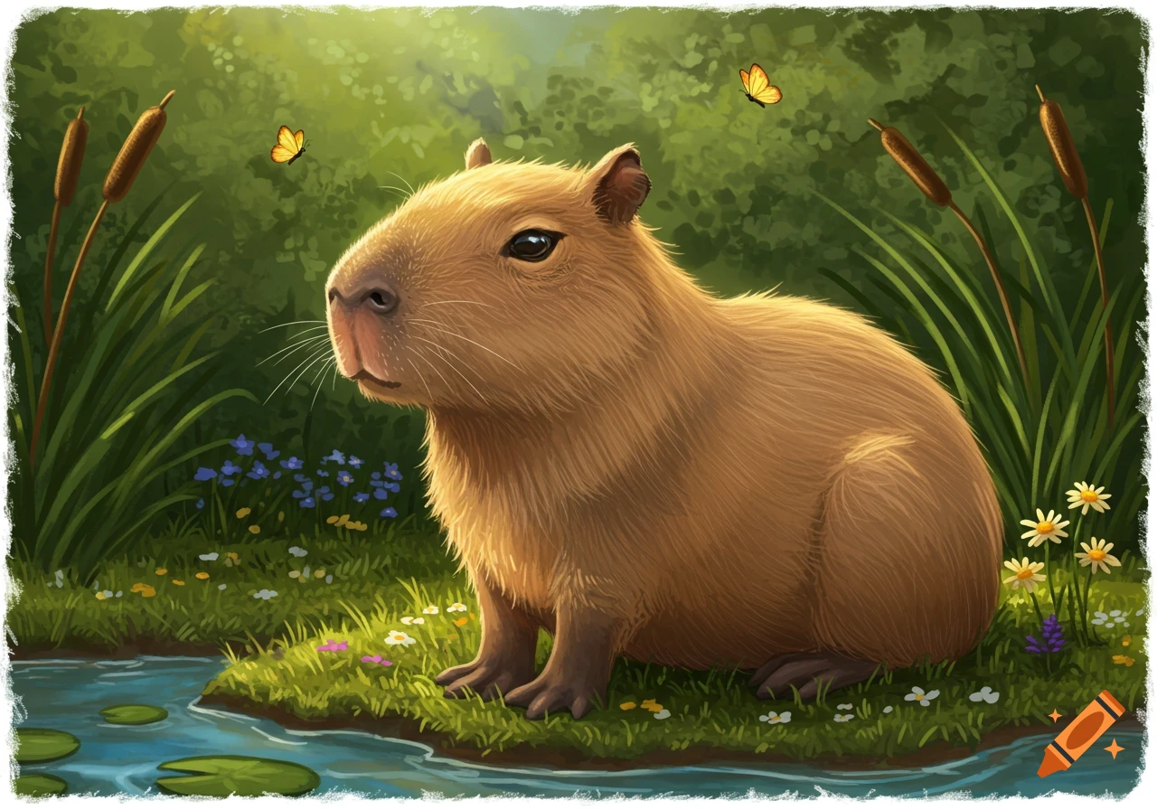 A cute capybara sits by a pond with lily pads, surrounded by green foliage, cattails, wildflowers, and butterflies.