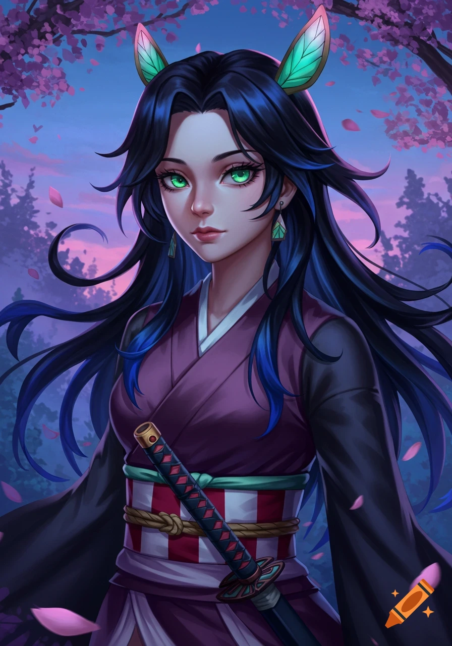 A girl with long dark hair, green eyes, and butterfly ears in a purple kimono with a sword, under pink cherry blossoms.