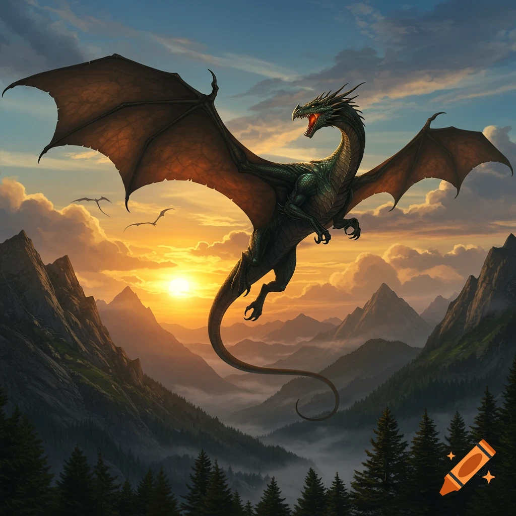 A majestic green dragon with large wings flies over a misty mountain valley during sunset.