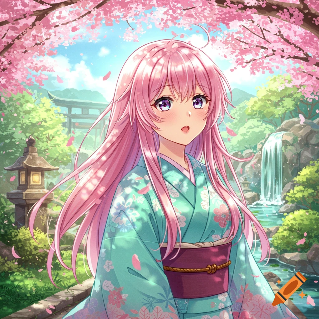 An anime girl with long pink hair, wearing a teal kimono, stands in a vibrant Japanese garden under cherry blossoms with a waterfall in the background.