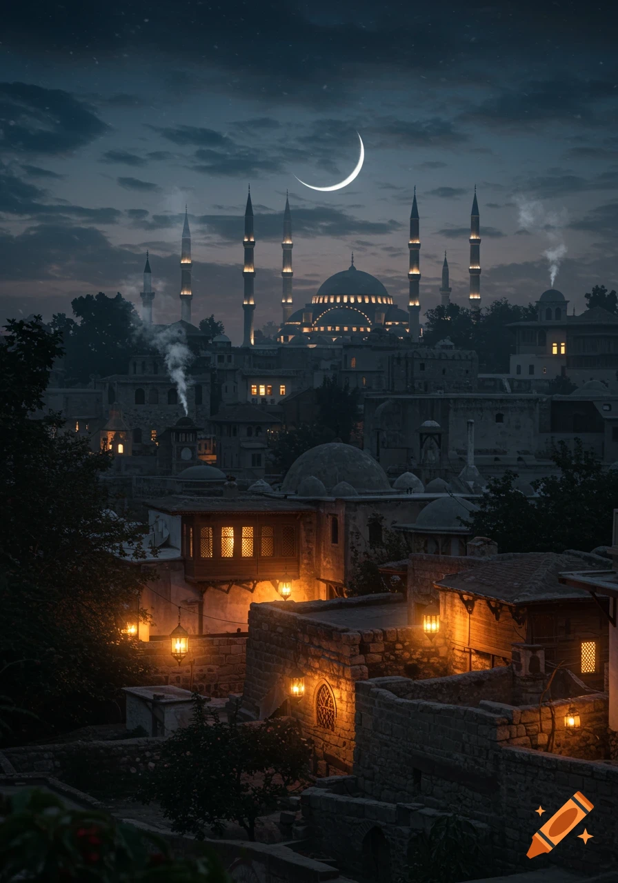 A grand mosque with minarets illuminates a nighttime cityscape of traditional buildings under a crescent moon.