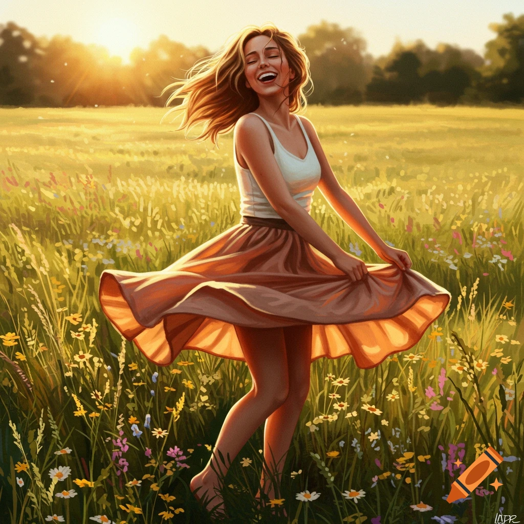 A joyful woman twirls barefoot in a sunlit wildflower field, her skirt flowing around her.