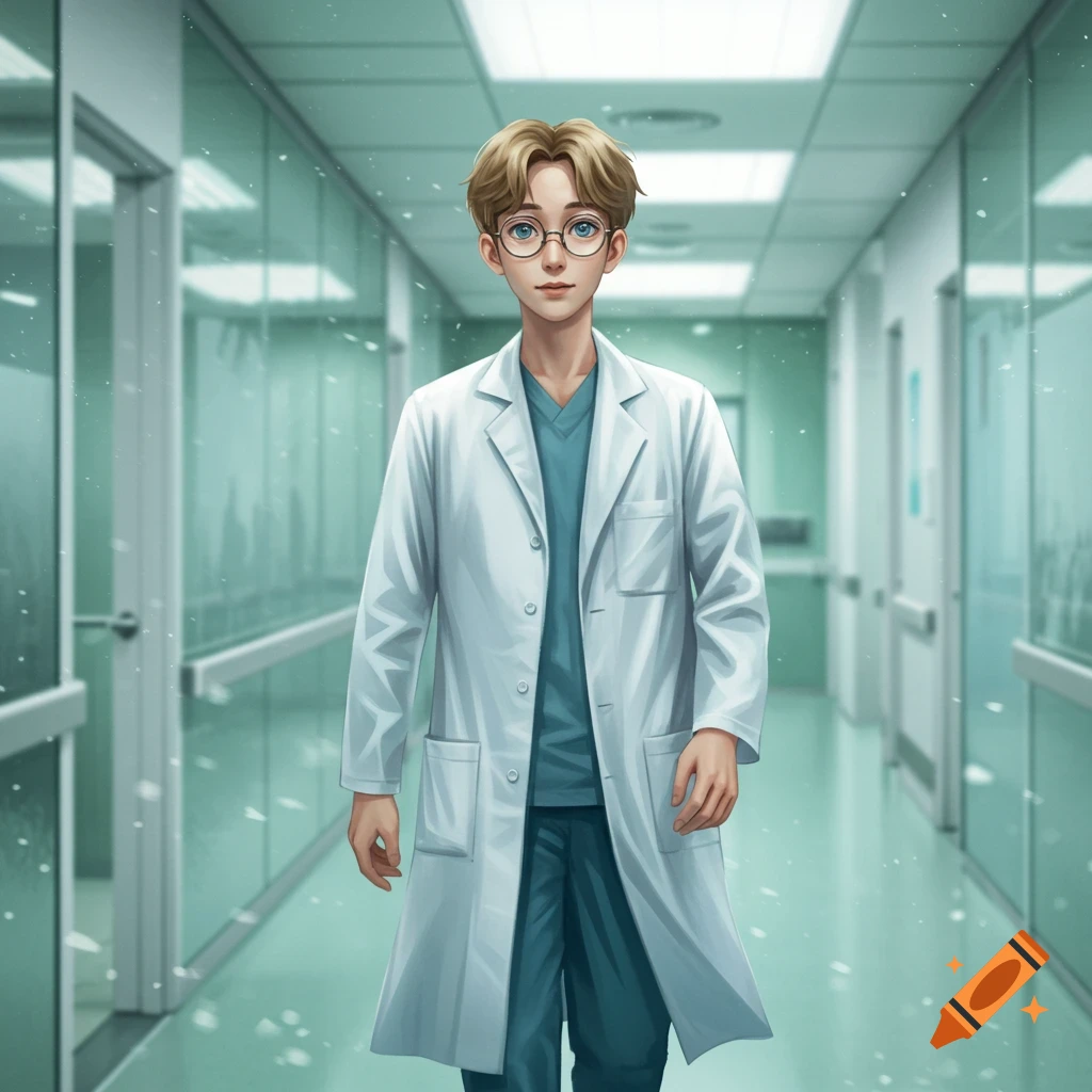 Anime-style young male doctor with light brown hair and glasses in a hospital lab coat walking down a green hallway.