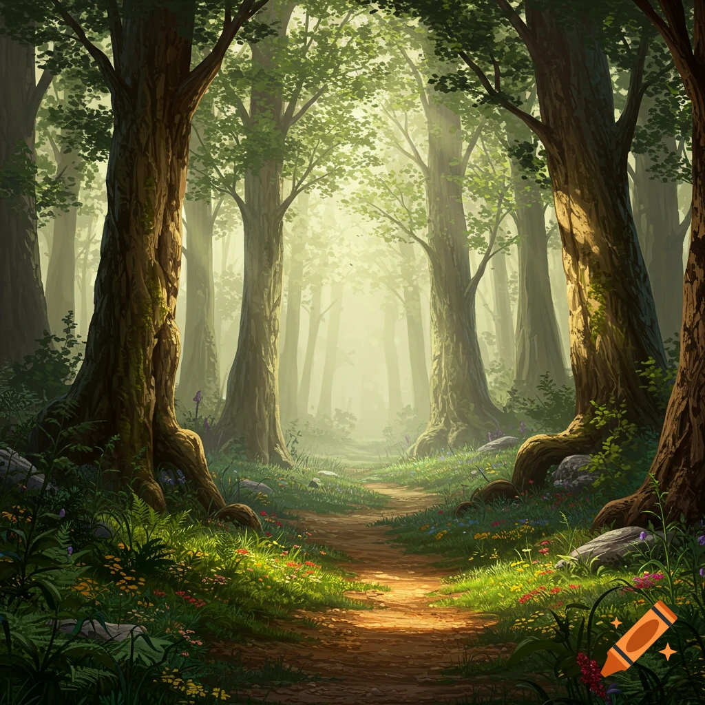 A sunlit forest path winds through tall trees and lush green foliage, an illustrated landscape.