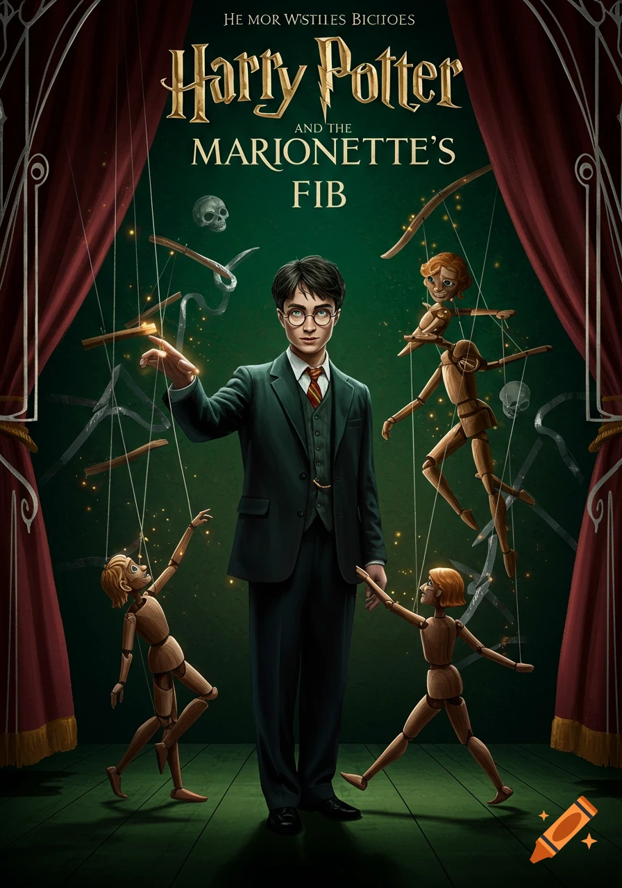 Harry Potter as a puppeteer on a dark green stage, controlling wooden marionettes with strings. Above him, a skull floats between red curtains.