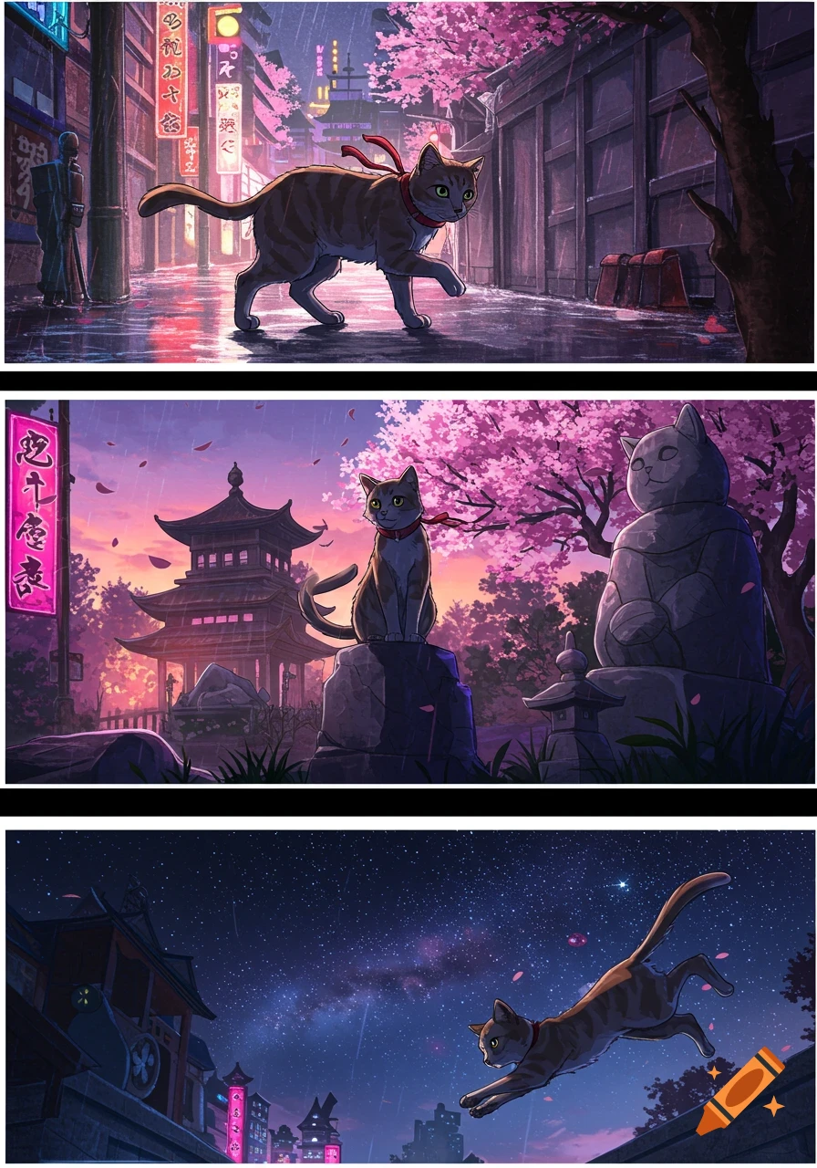 Anime-style tabby cat in three scenes: walking on a wet street, sitting by a pagoda, and leaping against a starry night sky.