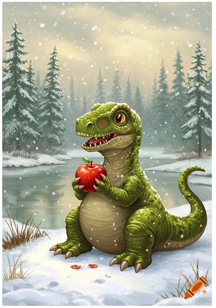 A cute, green, cartoon dinosaur sits in a snowy forest, holding a red apple as snow falls.