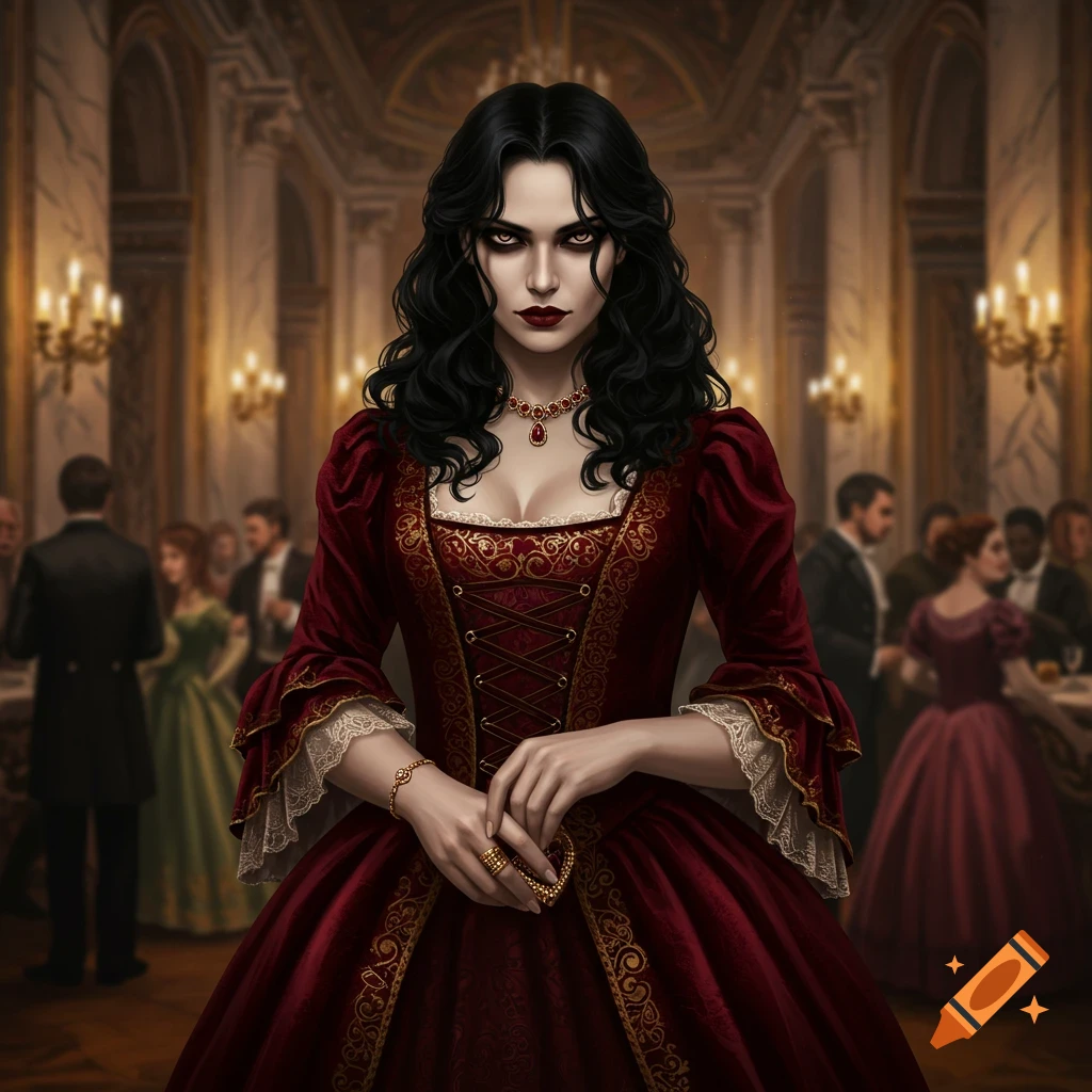 A dark-haired woman in a red gothic gown with a stern expression stands in a grand ballroom among blurred guests.