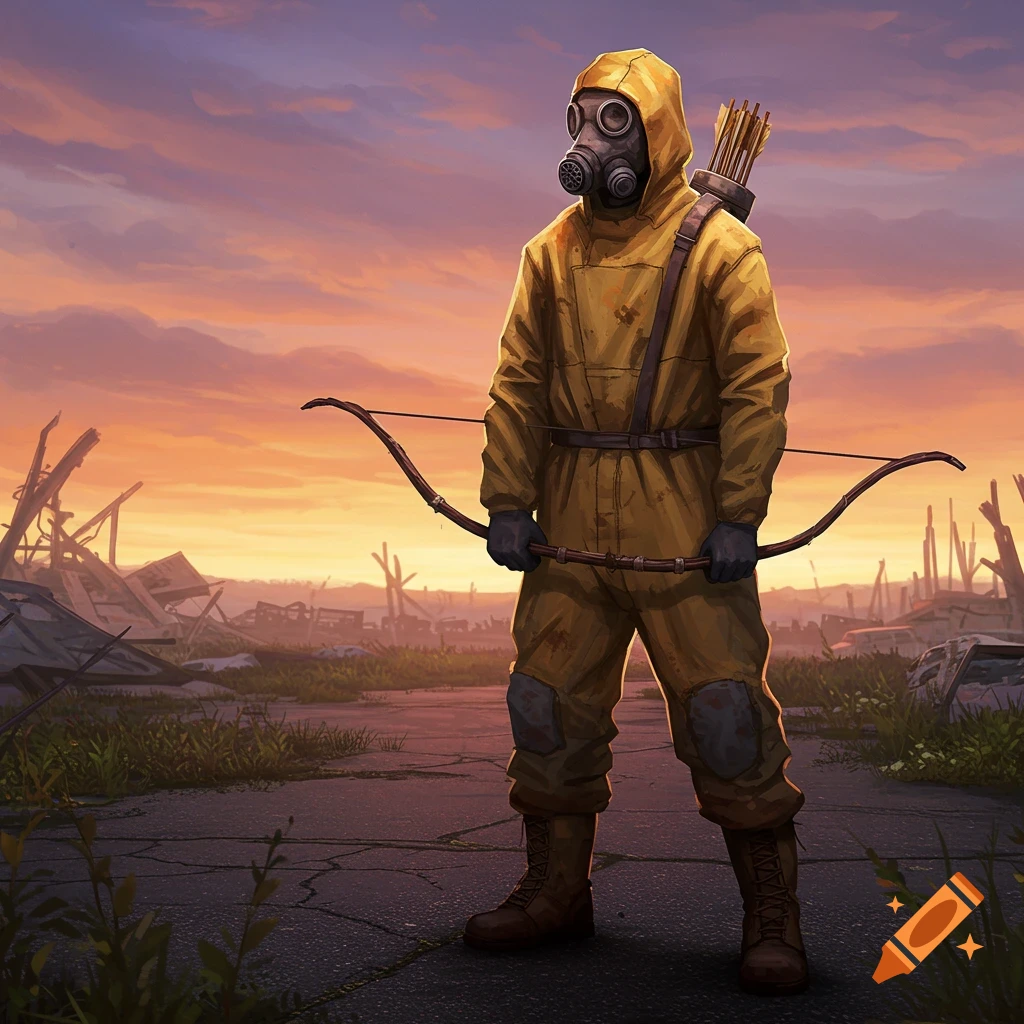 A person in a yellow hazmat suit with a gas mask holds a bow, standing in a desolate, ruined landscape at sunset, styled as game art.