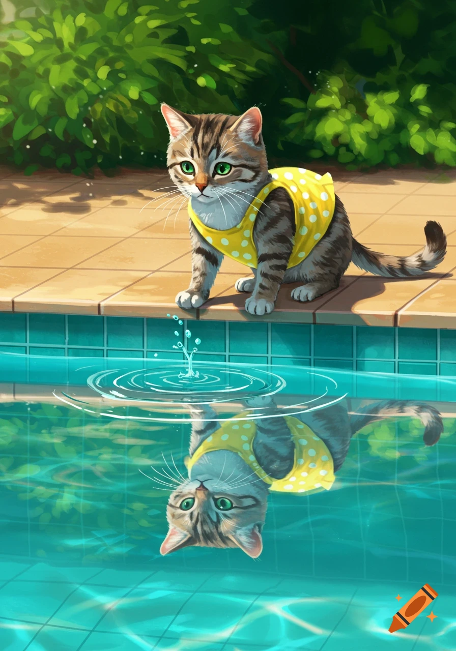 A cute tabby kitten wearing a yellow polka-dot swimsuit sits by a swimming pool, looking at its reflection in the water, in an illustration style.
