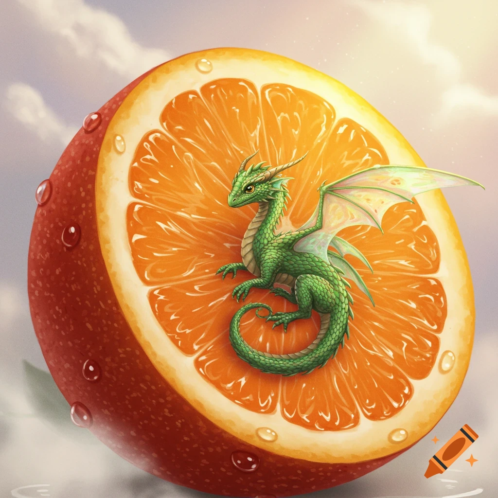 A small green dragon with delicate wings perches on a juicy half-cut orange with water droplets, against a soft cloudy sky.