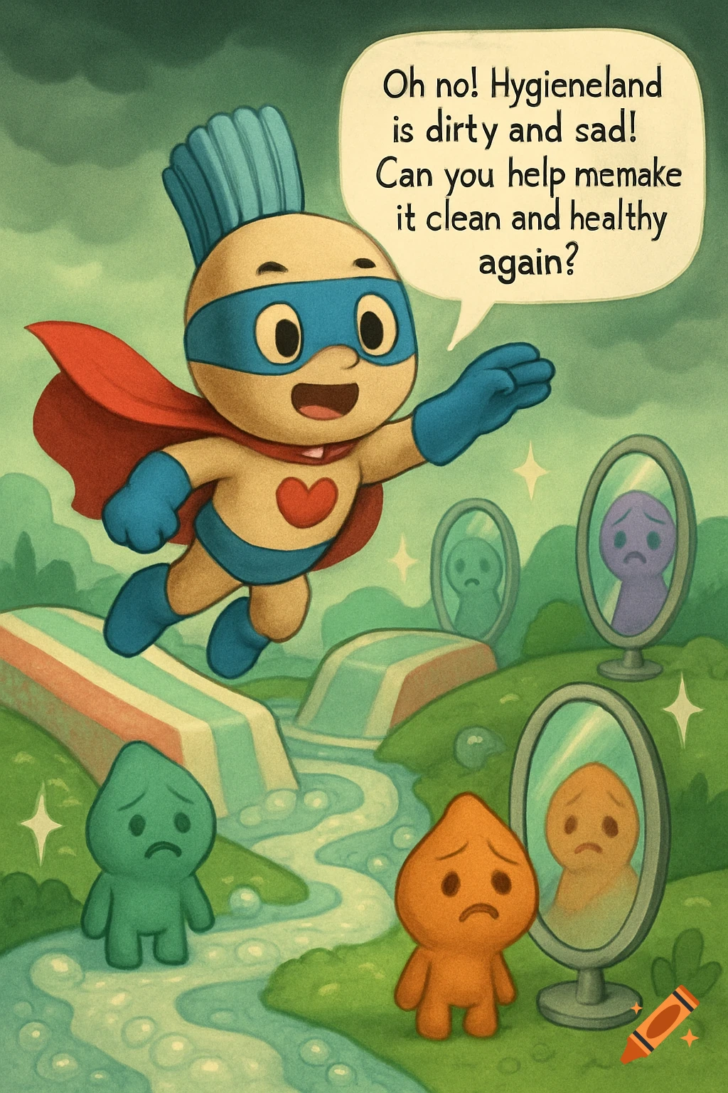 A cartoon superhero with a toothbrush head flies over a sad Hygieneland, addressing crying blob-like characters, with text in a speech bubble.