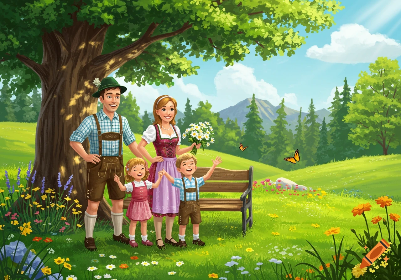 Illustration of a smiling Bavarian family in traditional attire, standing in a sunny meadow with an old tree, flowers, and mountains.