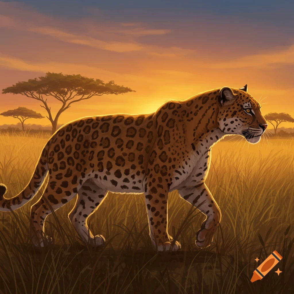 A majestic spotted big cat walks through a golden grassy savanna at sunset, illustrated in a digital art style.