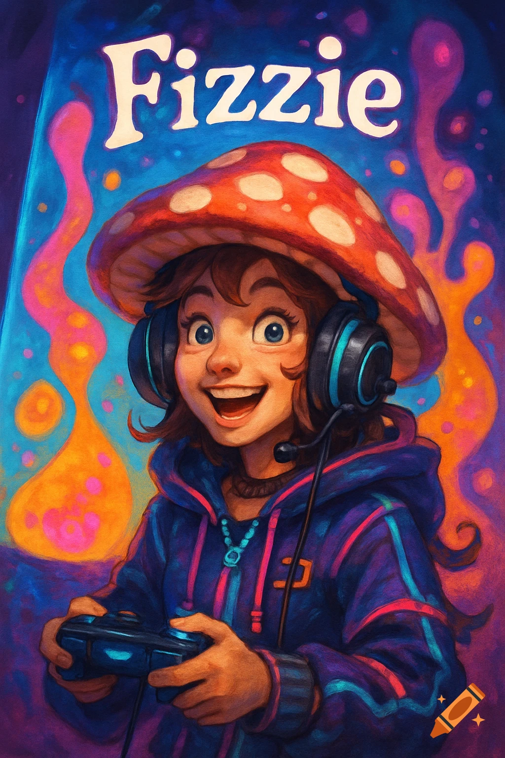 A cheerful anime gamer girl with a mushroom hat and headphones holds a controller in front of a psychedelic lava lamp background. Text reads 'Fizzie'.