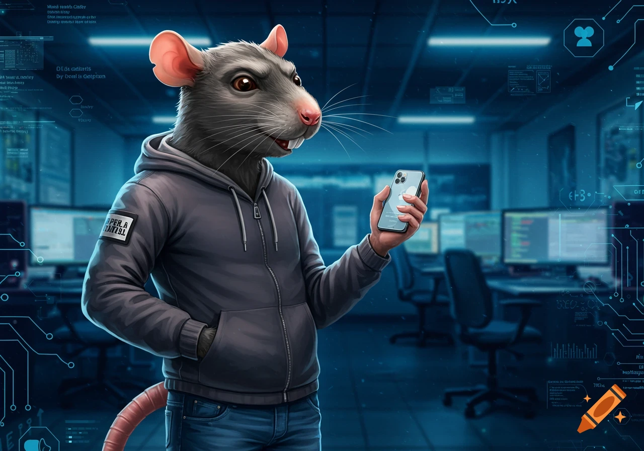A realistic cartoonish humanoid rat in a hoodie and jeans holds a smartphone in a blue-lit computer lab.