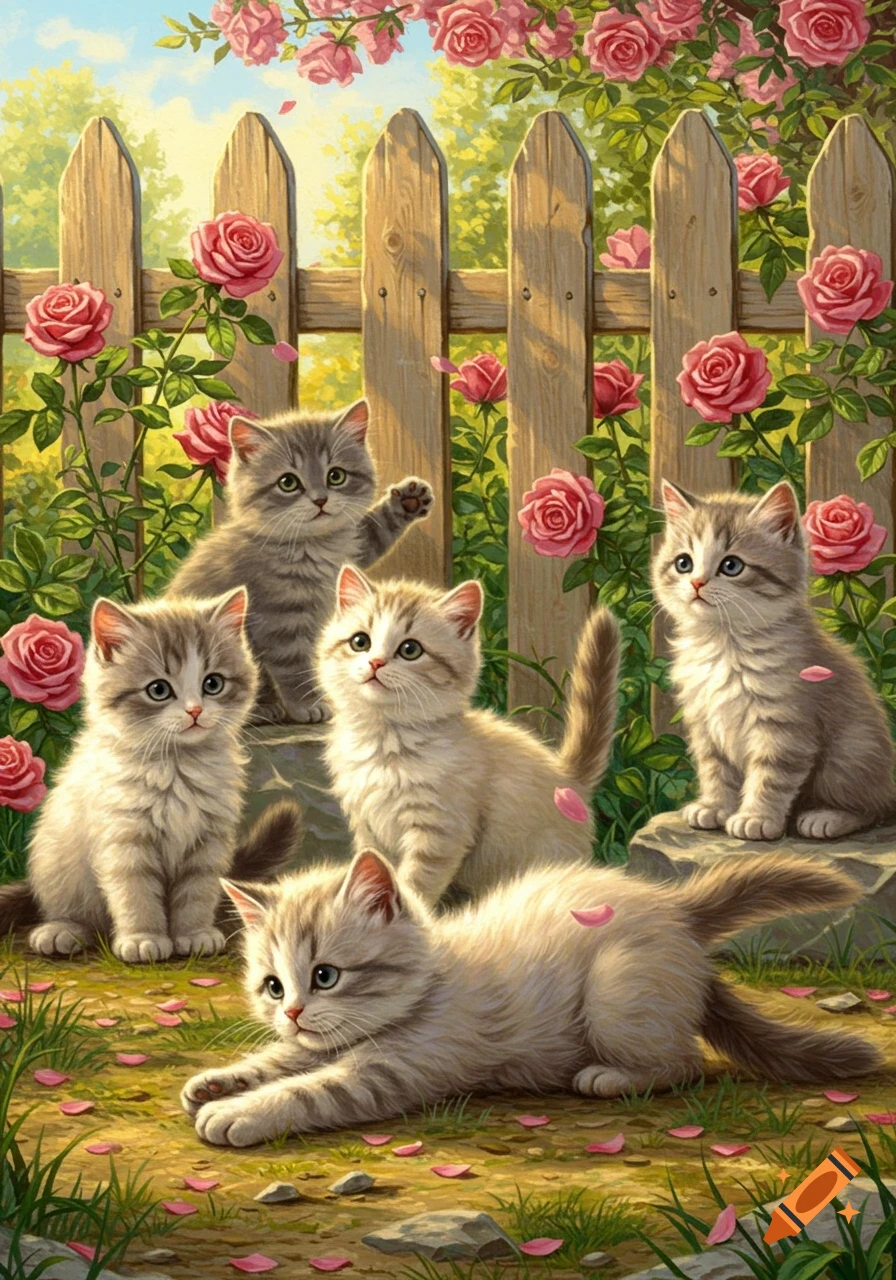 Five fluffy kittens are playing and resting in a vibrant rose garden with a wooden fence.
