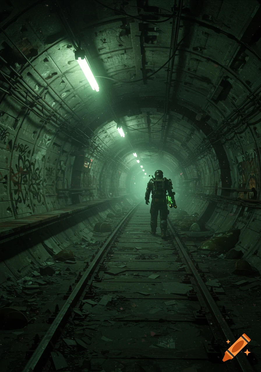 A lone figure in a dark, atmospheric, green-lit subway tunnel with graffiti-covered walls, walking away from the viewer on the tracks.