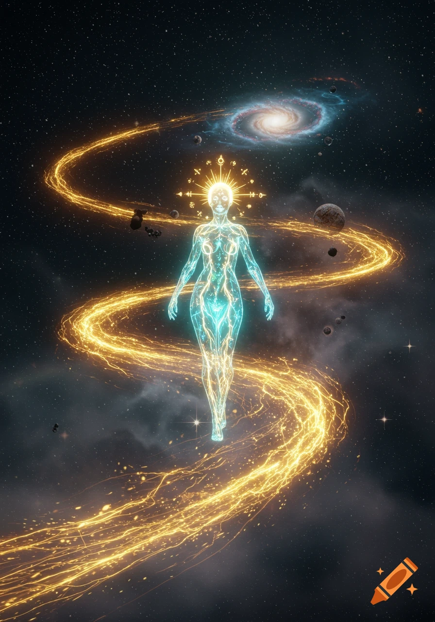 A glowing, ethereal celestial woman with nebular veins walks on a golden spiral plasma bridge through deep space with a galaxy and planets.