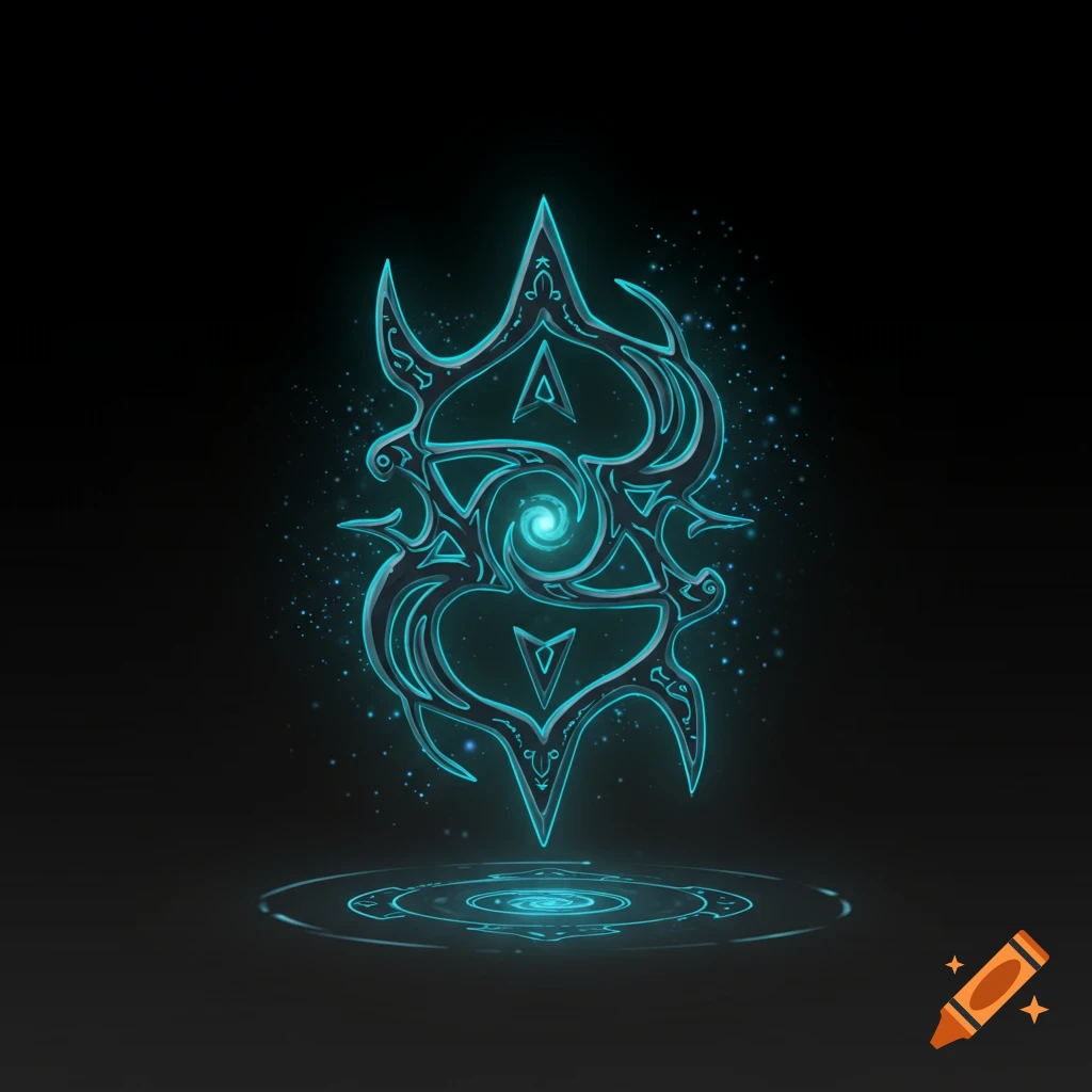 A glowing teal and black arcane symbol with a central swirl and particles, reflecting on a dark surface.