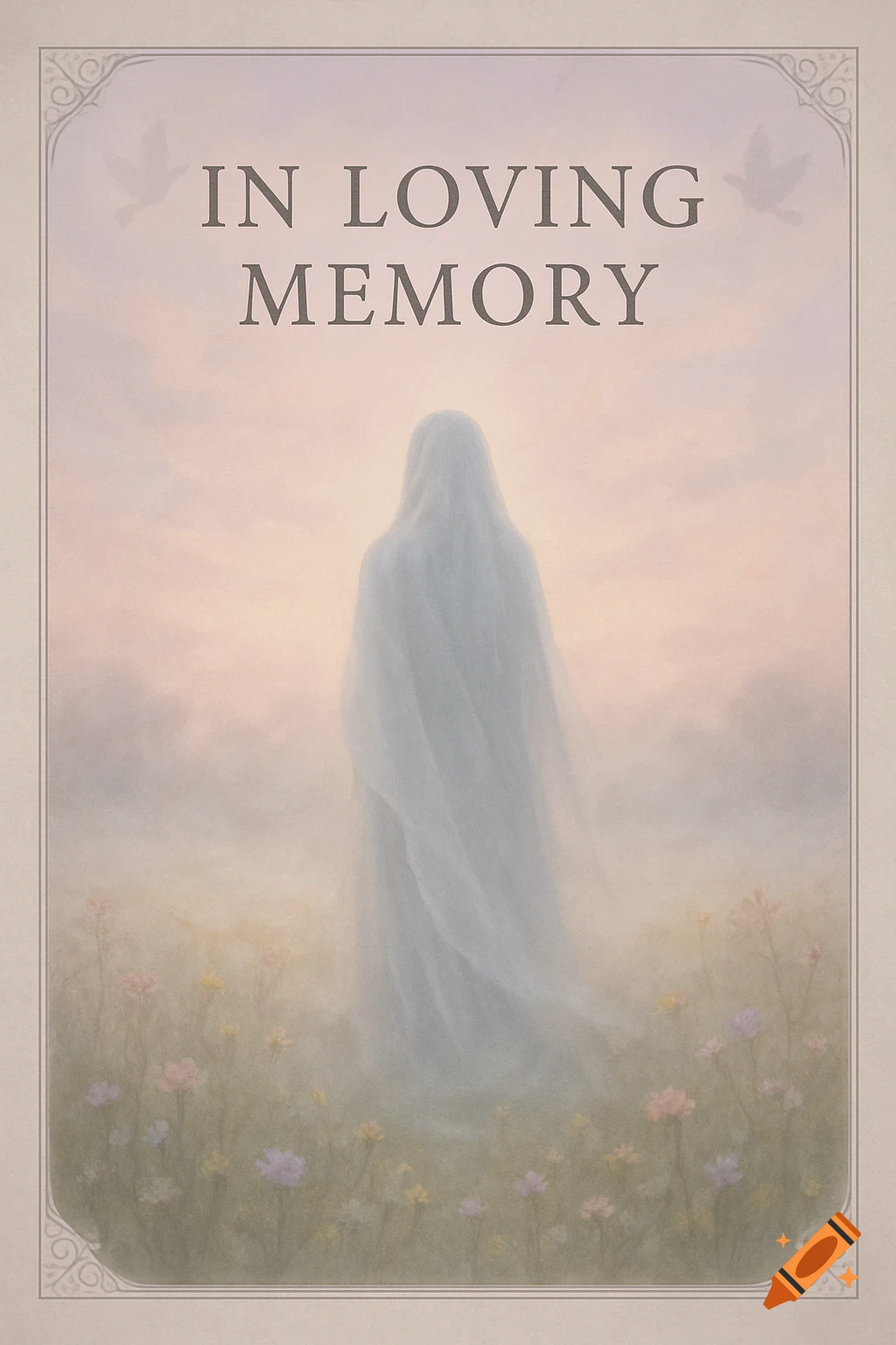 An ethereal, veiled figure stands in a field of colorful flowers under a soft, light-filled sky, with 'IN LOVING MEMORY' text at the top and doves on either side.
