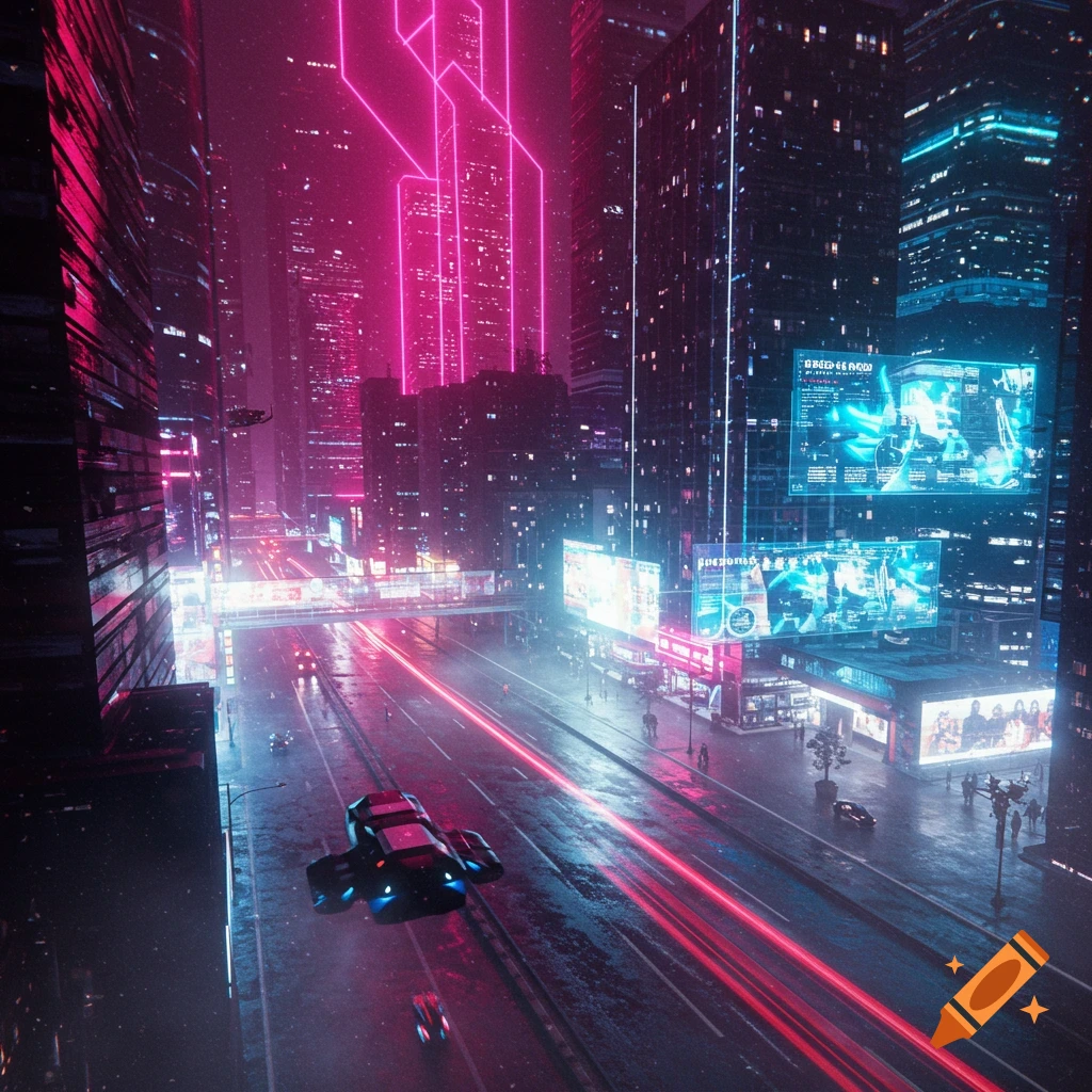 A vibrant cyberpunk city at night with neon pink and blue lights, towering skyscrapers, and flying vehicles on a wet street.