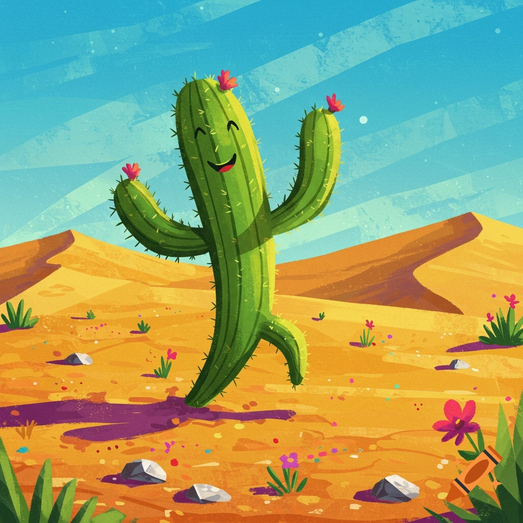 A vibrant illustration of a happy, dancing cactus with red flowers in a sunny desert scene.