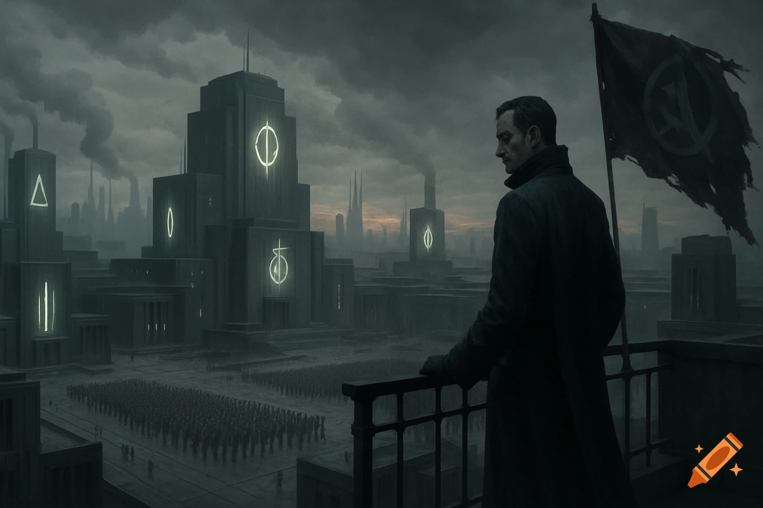 A man in a long black coat stands on a balcony overlooking a vast, dark dystopian city with glowing symbols on buildings, marching soldiers, and a tattered flag under a cloudy sky.