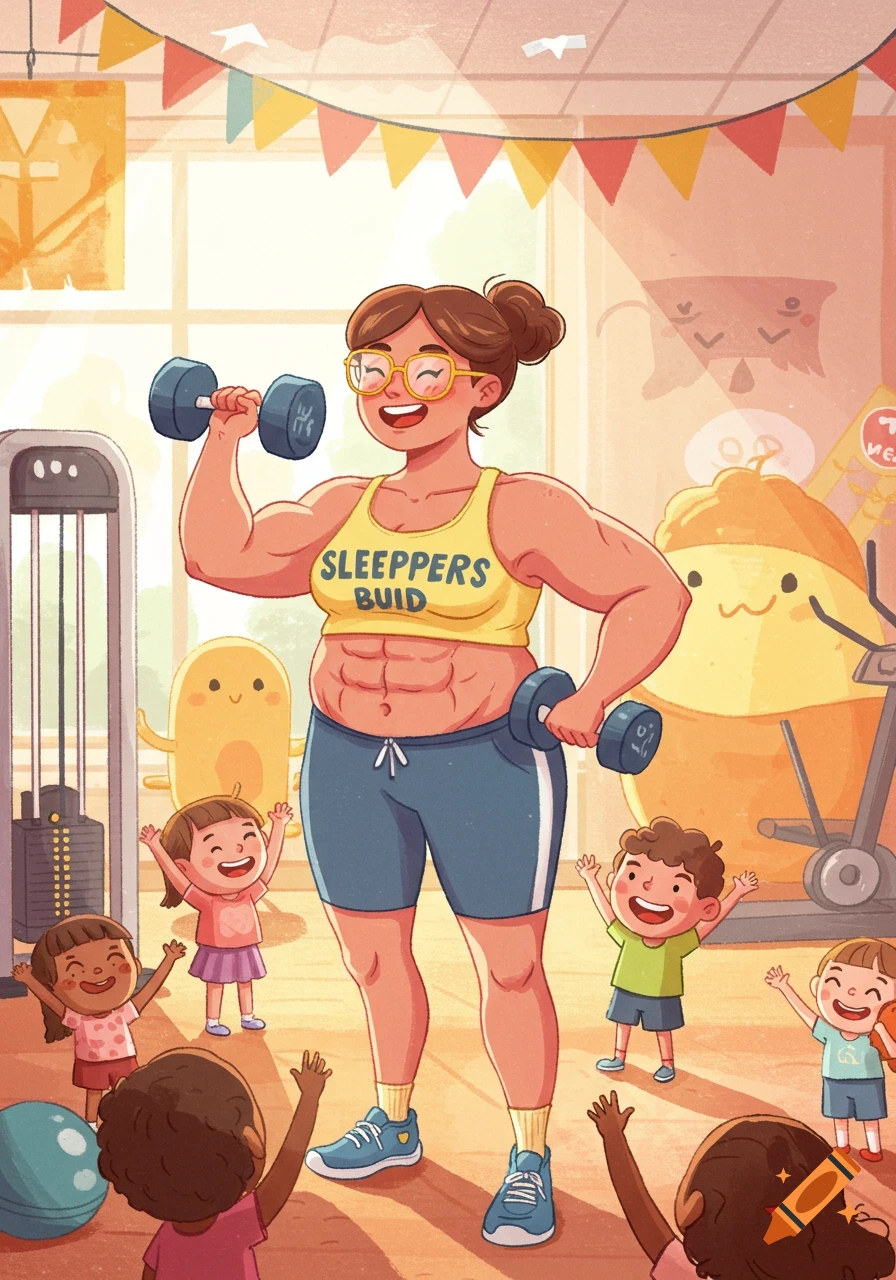 A muscular woman in a yellow tank top lifts dumbbells in a bright, cartoon gym, surrounded by happy children in a kids book illustration.