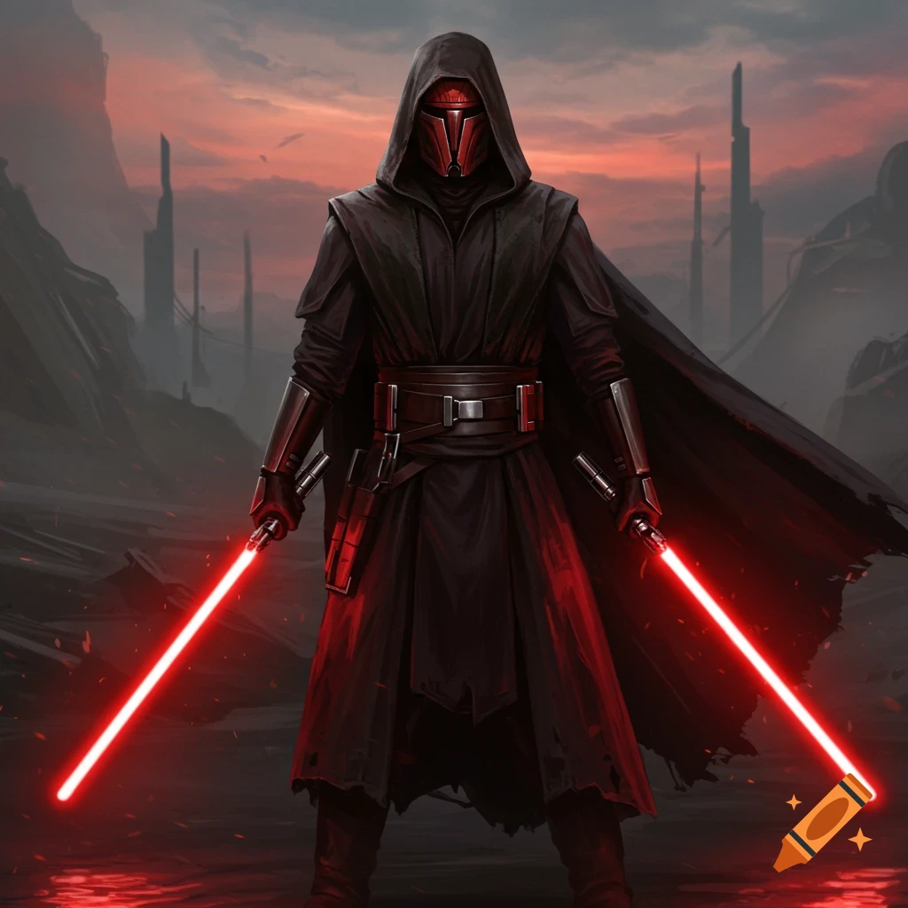 A hooded figure resembling Darth Revan, wearing black robes and a red mask, holds two red lightsabers in a desolate, red-skied landscape.
