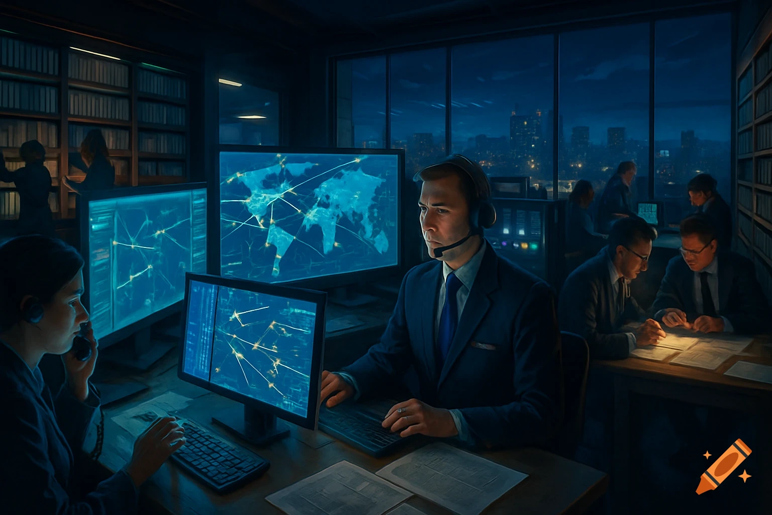 Operators in a dark, modern control room monitor global maps on large screens with city lights visible outside.