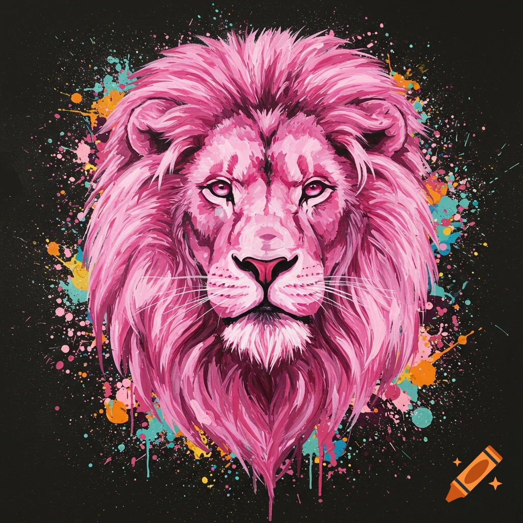A vibrant pink lion's head with a flowing mane, rendered in an abstract acrylic paint style with colorful splatters on a black background.