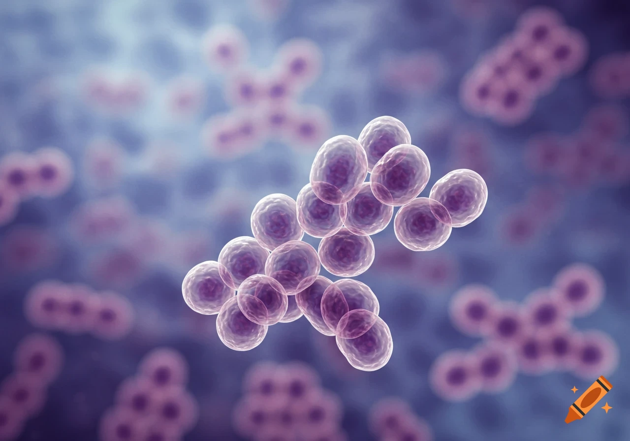 A microscopic image of a cluster of translucent, oval-shaped purple-pink cells, possibly Candida albicans fungi or bacteria, against a blurry blue-purple background.