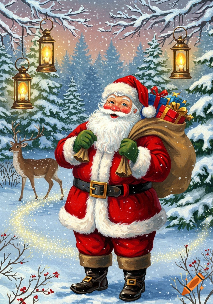 Smiling Santa Claus walks through a snowy forest, carrying a sack of gifts and bells, with a deer and lanterns. Illustrated.