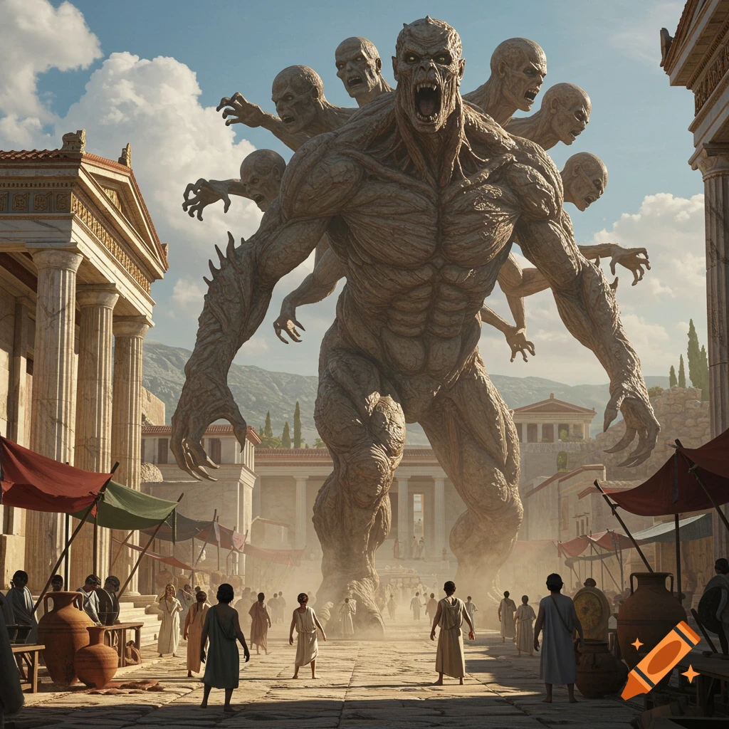 A colossal, multi-headed monster with rock-like skin strides through an ancient Greek city, as people gaze up in awe.