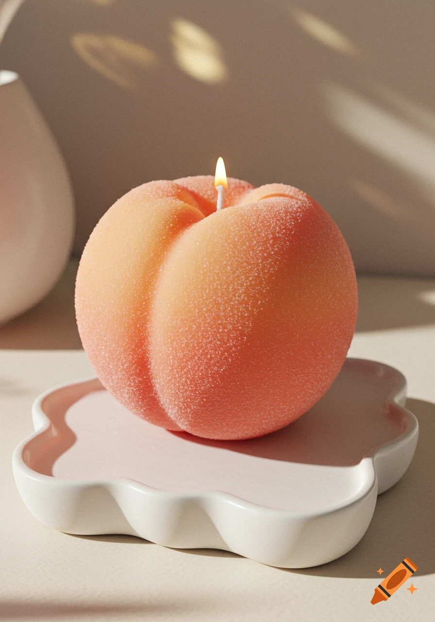 A peach-shaped candle with a lit wick sits on a white, cloud-like ceramic plate in a bright, photorealistic still life.