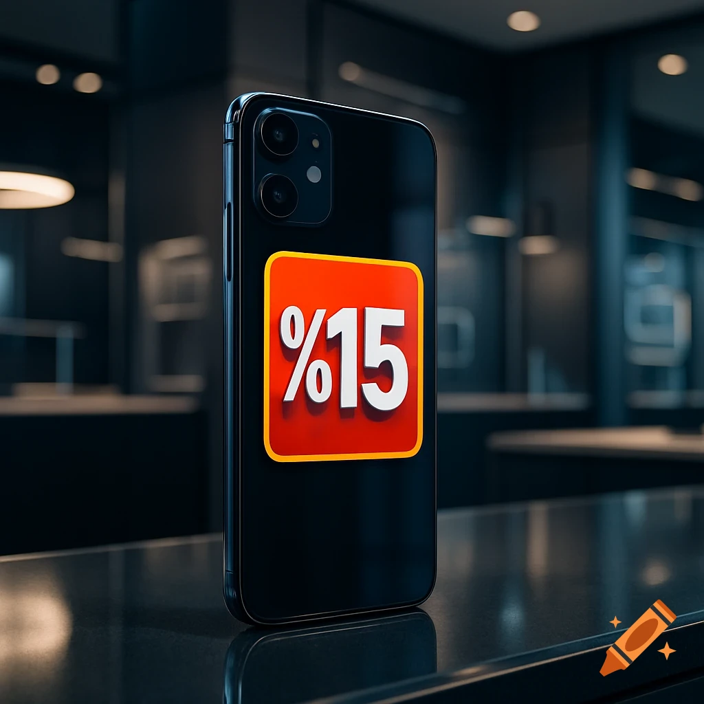 A black smartphone with a red and orange '%15' sticker on its back, sitting on a reflective surface in a dimly lit store.