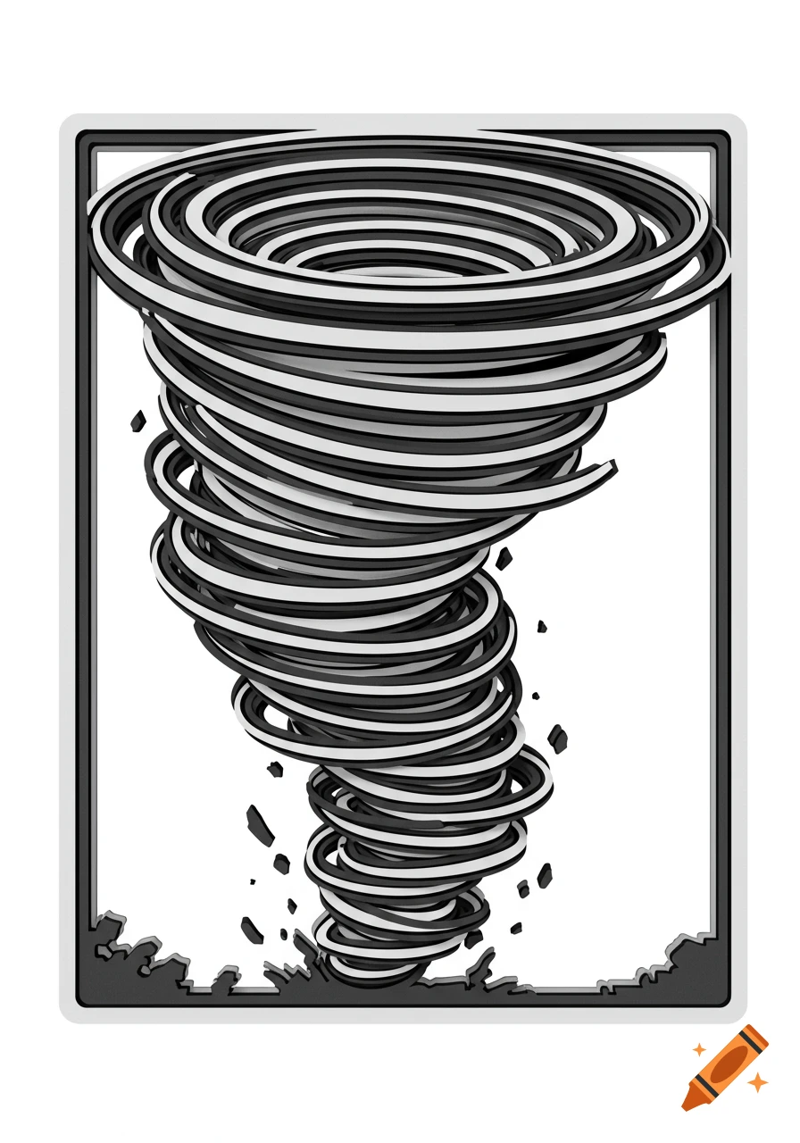 Stylized vector art tornado with concentric black, white, and gray spirals, debris at the base, in a frame.