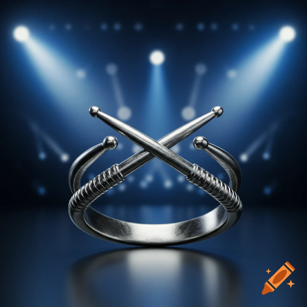 A close-up of a silver metal ring shaped like two drumsticks crossing, illuminated by blue stage lights.
