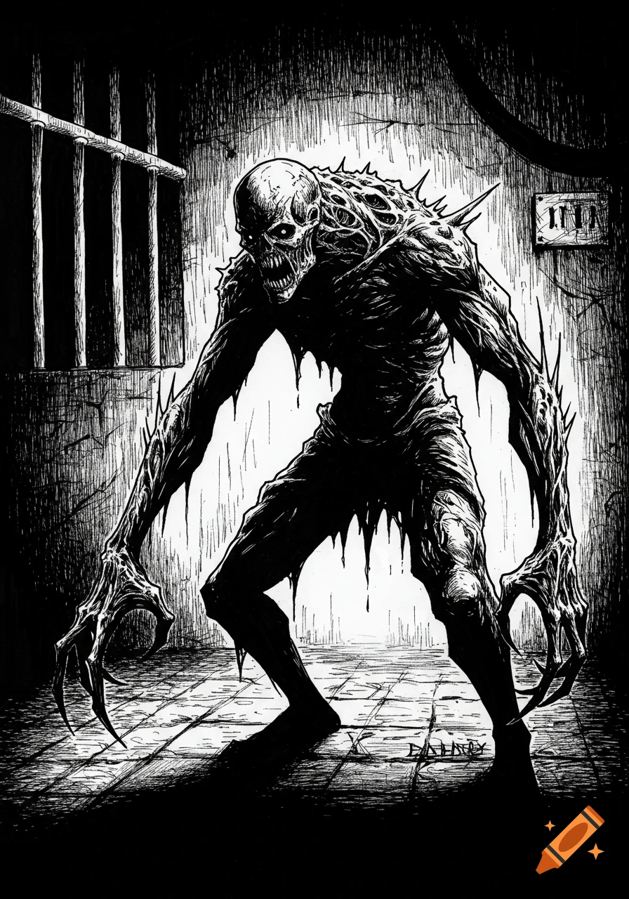 A terrifying skeletal creature with sharp claws and spikes stands in a dark, dungeon-like room in an ink sketch style.