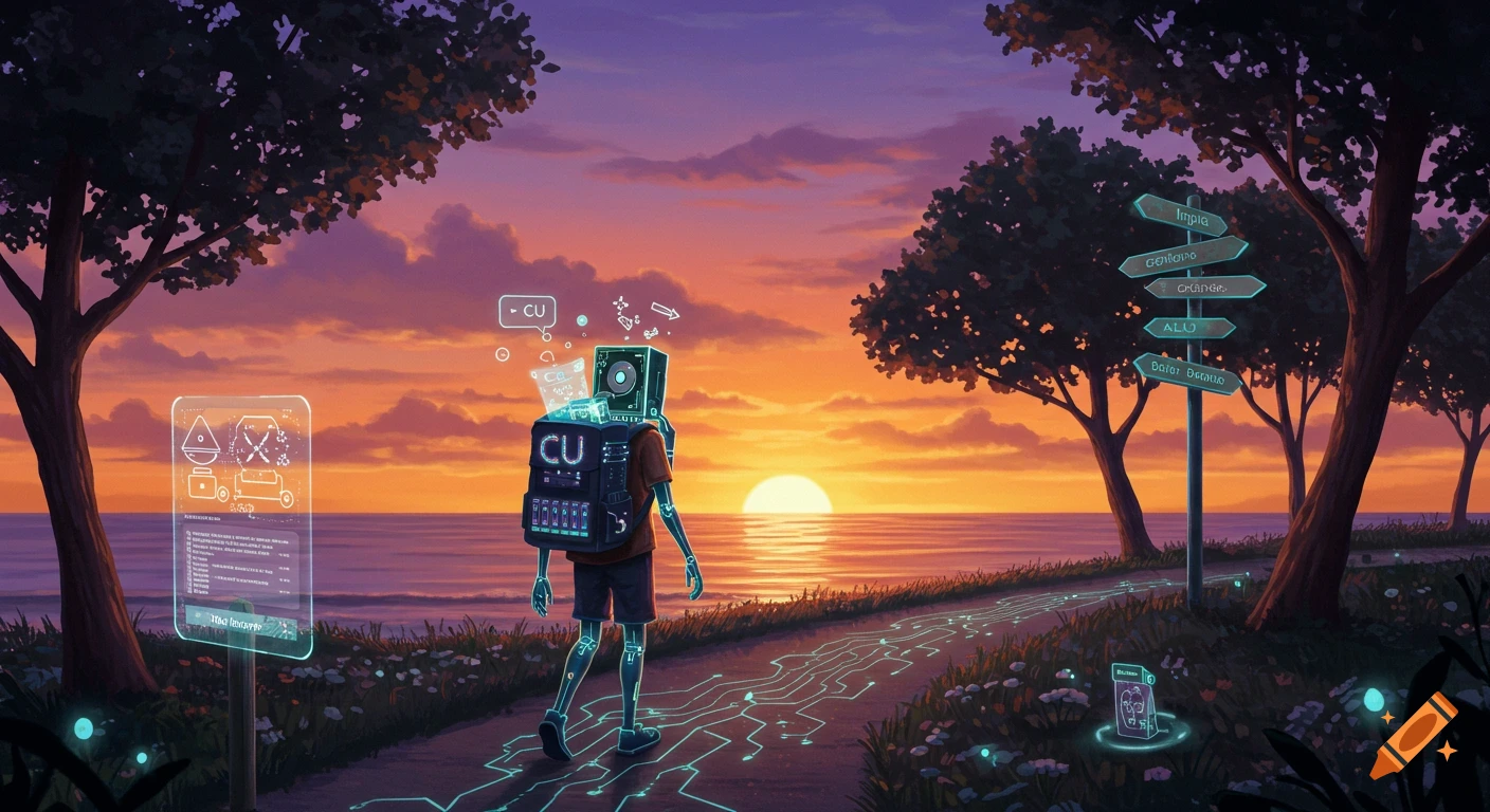 A robot-like character with a screen for a head and a glowing backpack walks on a circuit board path toward a sunset over the ocean. Holographic signs and a signpost with computer terms are visible.